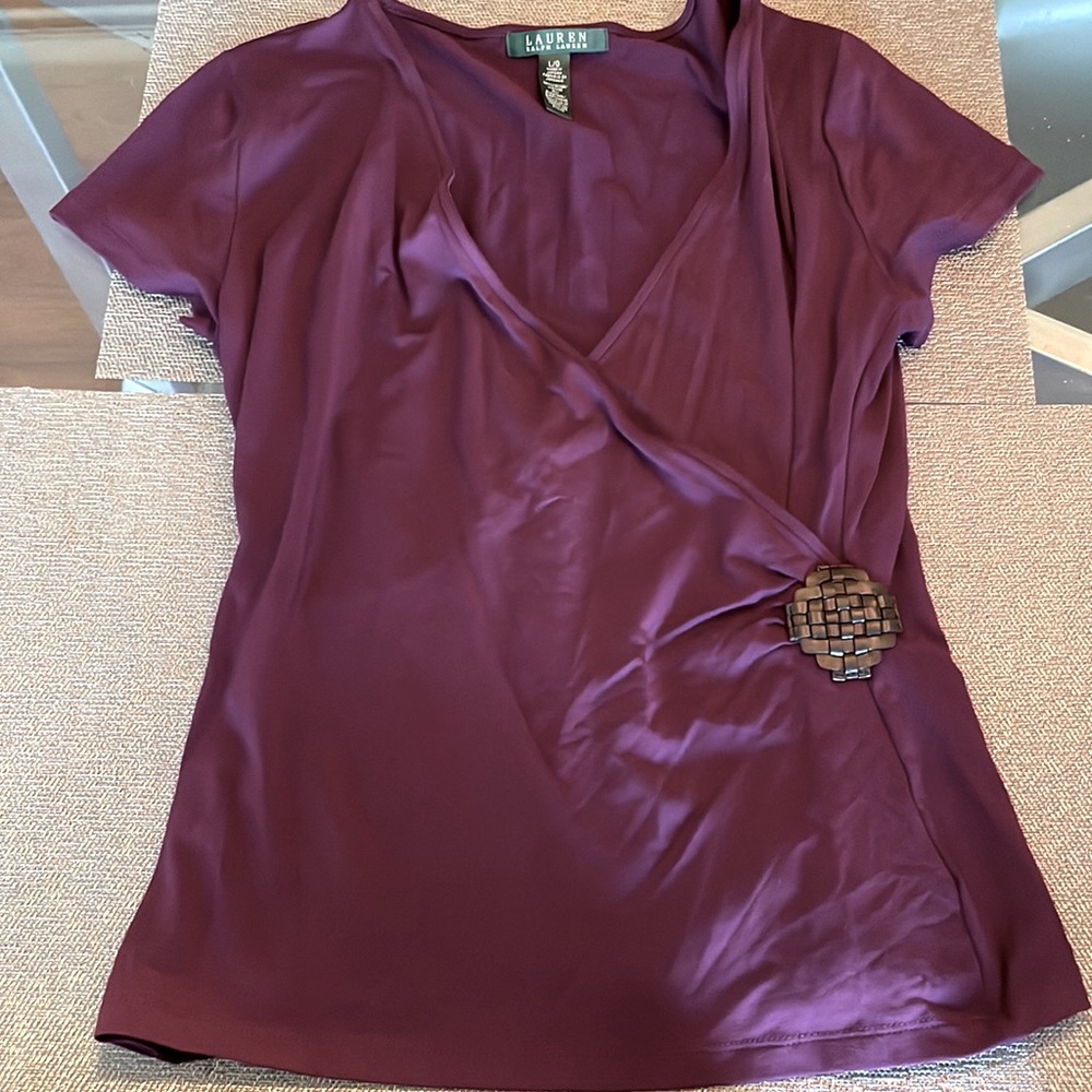 Lauren Ralph Lauren Purple Wrap Top Leather Accent
